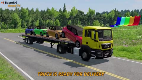 Flatbed Trailer Cars Transportation with Slide Color - Car vs Speed Bump vs Deep Water #4 - BeamNG