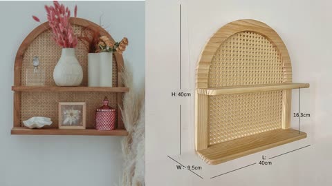 Rattan Fan-shaped Wooden Wall Shelf Hanging Storage Shelf #woodenwallshelf