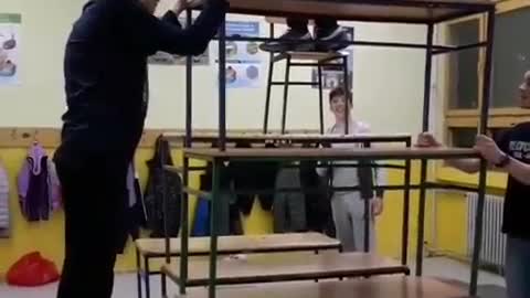 Kids Build A Table Tower And A TEEN Jumps TROUGH The Table!!!