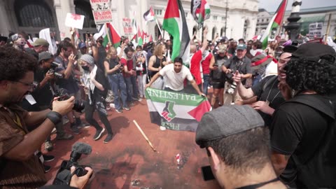 Anti-Israel Protesters Tear Down and Burn US Flag at Union Station in DC