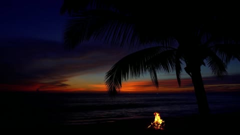 Fire and ocean waves sounds relaxation video for sleeping (no music) virtual campfire by the sea