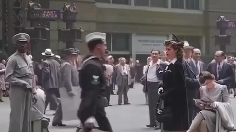 Colorized footage of Penn Station, New York City in the 1950s