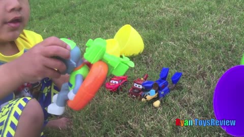 HUGE EGGS Surprise Toys Challenge with Inflatable water slide