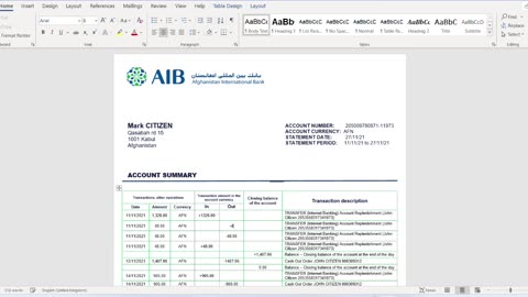 Afghanistan Aib banking statement template in Word Excel and PDF format