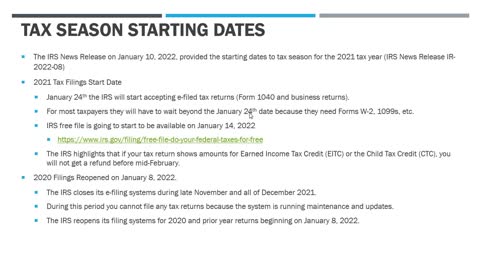 Tax Season Starts for 2022!!