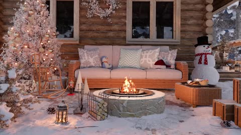 Snowy Winter Outdoor Christmas Atmosphere, Cozy Relaxing Jazz Music and Fireplace Sounds