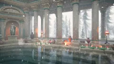 Ancient Roman Bathhouse in a Pine Forest | Winter Ambience | Onsen and Fireplace Sounds