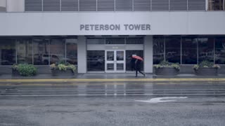 Rainy Street With Red Umbrella Girl Walking