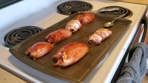 Rennos BBQ stuffed chicken thighs wrapped in bacon
