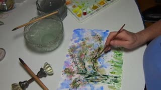 Watercolor of Spring Green Tree and Misket to keep the whites of the paper