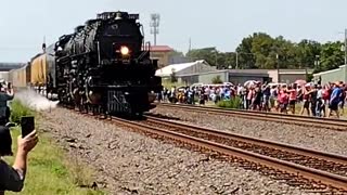 Union Pacific Big Boy steam engine pulling out of Topeka, with all the bells and whistles