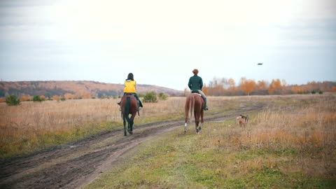 Two woman riding horses on the field and a dog followa