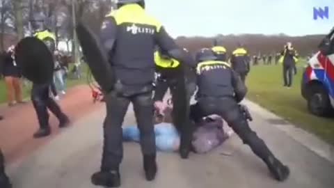 Netherlands - Police beating a protesters & then forcing police dog to attack him