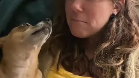 Woman sings a Disney song and her dog sings with her!