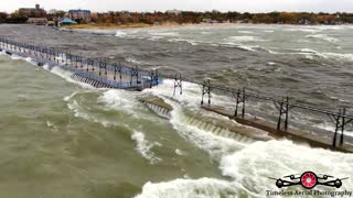 Must SEE 18FT Waves Winds up to 50 Mph Hitting St. Joseph Lighthouse and Shoreline Drone Footage