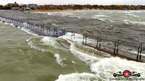 Must SEE 18FT Waves Winds up to 50 Mph Hitting St. Joseph Lighthouse and Shoreline Drone Footage