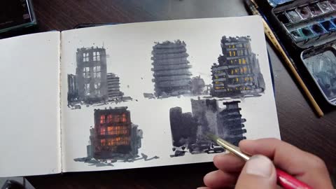 Use Black Watercolors To Paint Buildings