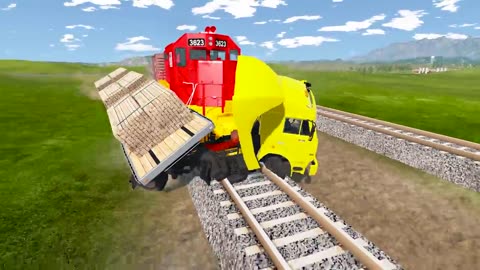 Flatbed Trailer Tractor Truck Rescue Bus with Crane -Cars vs Double Rails and Trains - BeamNG.Drive
