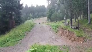 Raining red mountain bike dirt trail jump fail falls off on back