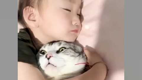 So cute baby and cat
