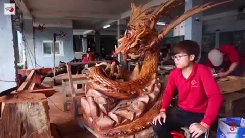 Wood carving - Lord Warrior fighting Dragon - Gran Saga Huge Sculpture Amazing