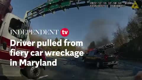 Driver pulled from fiery car wreckage in Maryland
