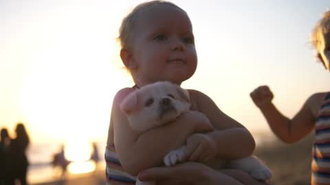 Lovely toddler hugging cute puppy pet with twin sister standing behind