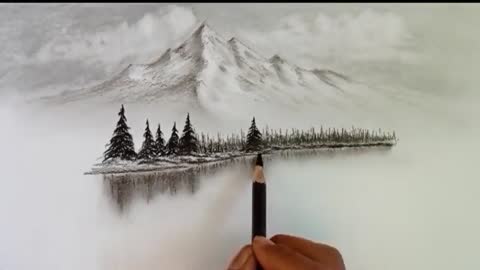 Pencil drawing landscape scenery/ Snow mountain landscape drawing with pencil