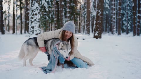 BEAUTIFULL GIRL WITH DOG IN SNOW || 4KUHD || PIXESLS