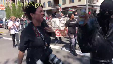 May 1 2019 Portland May day 0.2 Antifa shoots silly string at Andy Ngo's camera