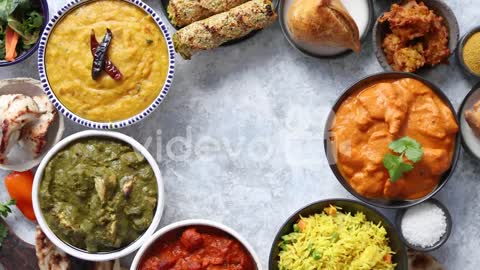 Assorted indian food on stone background Dishes of indian cuisine