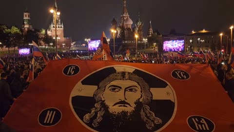 Jesus Imperial Gonfalon Christ flag at Putin Annexation speech
