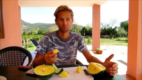 Eating homemade yellow watermelon for the first time