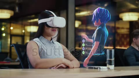 Young asian woman wearing VR conversing cartoon character avatar via an futuristic screen hologram