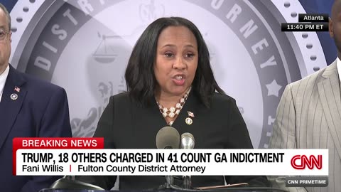 Fulton County District Attorney Fani Willis speaks after Trump election case indictment is unsealed