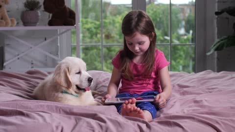 Serious elementary age girl sitting on cozy bed watching video on tablet pc