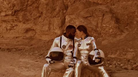 An asstronaut couple staring at each other