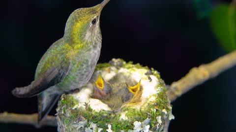 Female hummingbird standing on the rim of her nest and feeding her two babies