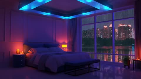 Looking at the night view of the city reflected in the lake with the sound of rain in a cozy bedroom