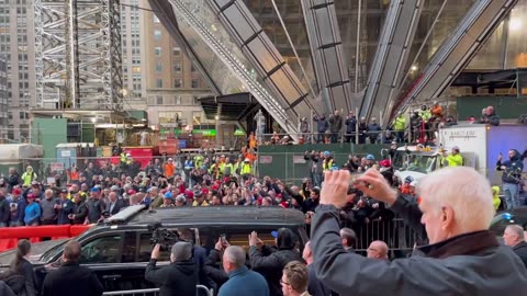 NY Union Workers Chant "USA" as President Trump Visits Their Construction Site