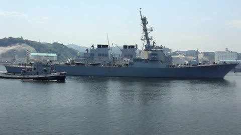 US Naval ship leaving port in Yokosuka, Japan