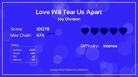 Melody's Escape to, "Love Will Tear Us Apart", by Joy Division.