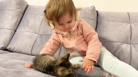 Cute baby meets her new born kitten for the firt time 🎉💜