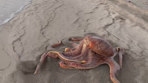 CGI simulation of an octopus walking along the beach is disturbingly real