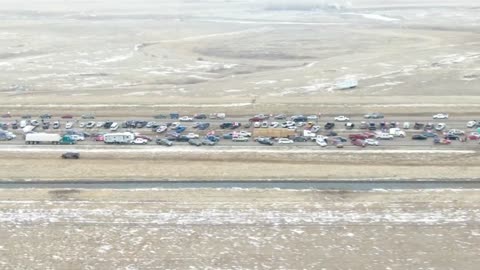 Drone footage of the Milk River Police Blockade in support of the truckers at Coutts