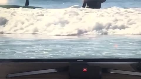 Guy records tv of man wiping out on surfboard