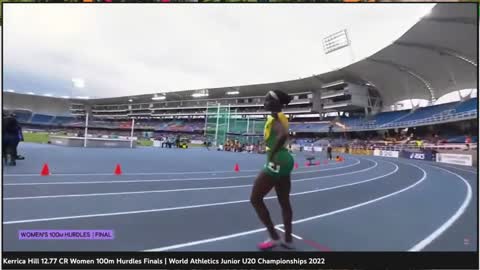 Kerrica Hill of Jamaica breaks the women u20 110 hurdles at world u20 athletics championships