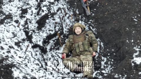 Ukrainian soldier shooting at drone but gets hit by drone dropped granade