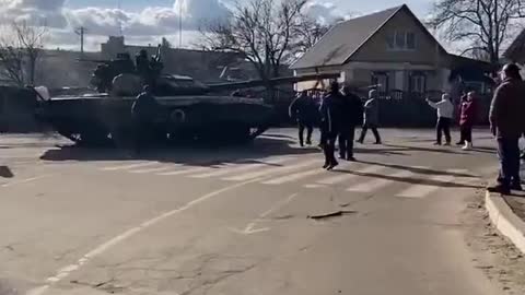 Bakhmach, Ukraine People throw themselves under the Russian tanks to prevent them from moving