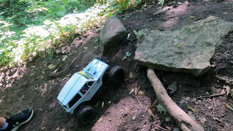 Let's see how the Axial Wraith Spawn handles a steep hill, roots and rocks
